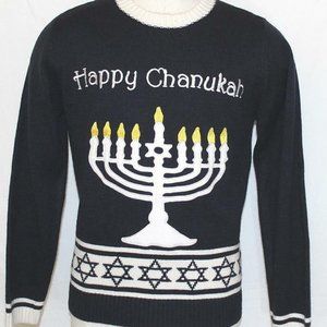 Happy Chanukah Navy Blue Sweater Pullover Men's Medium Menorah Embroidery